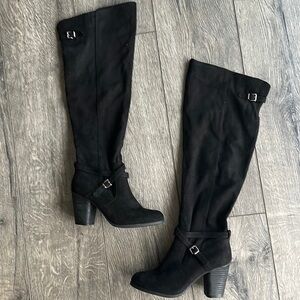 madden boots long black faux suede size 7 block heel bikercore zipper